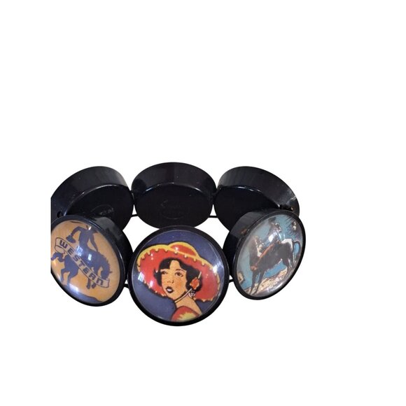 Hotcakes Design Jewelry - Vtg Hotcakes Design Western Themed Stretch Bracelet Colorful Cowboy Art Prints